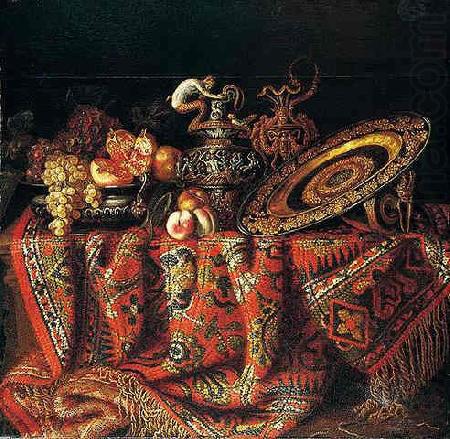 A still life of peaches, grapes and pomegranates in a pewter bowl, an ornate ormolu plate and ewers, all resting on a table draped with a carpet, Jacques Hupin